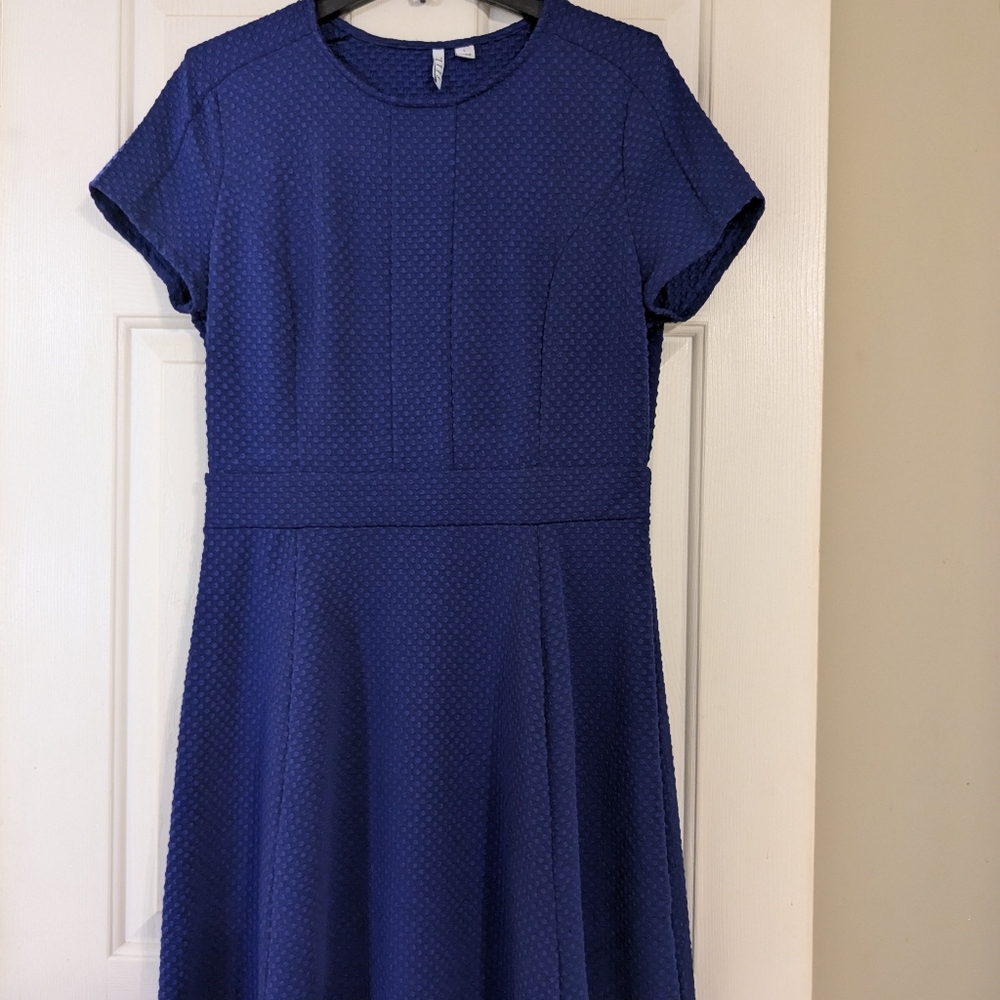 Elle Blue A-Line Midi Dress Crew Neck Short Sleeve